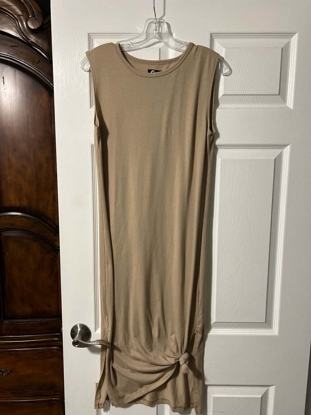 ZYIA Active Tan Sleeveless Cotton Jersey Side-Knot Maxi Dress